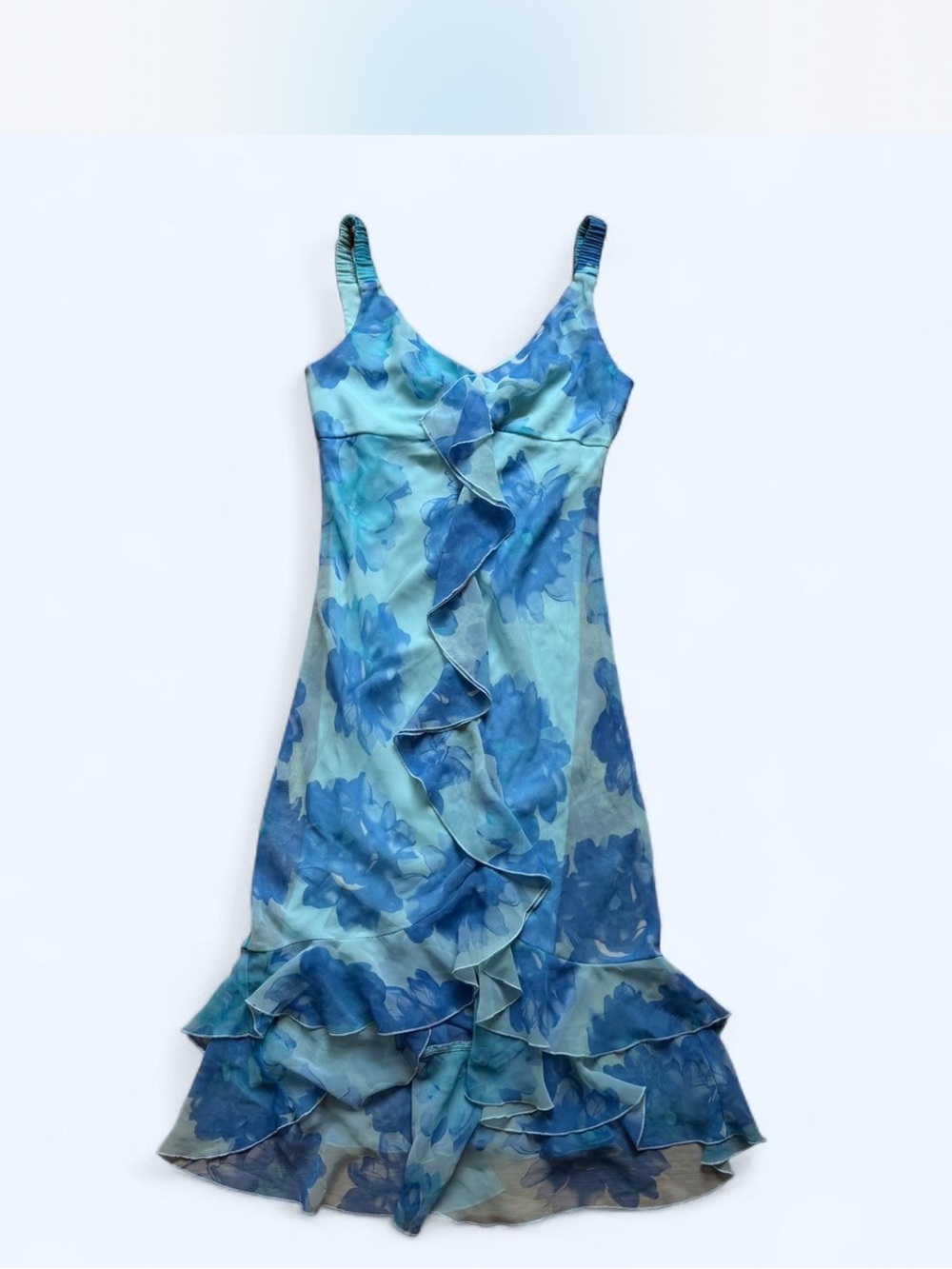 Vintage Y2K B. Darlin Blue Floral Ruffle Maxi Dress Size Small